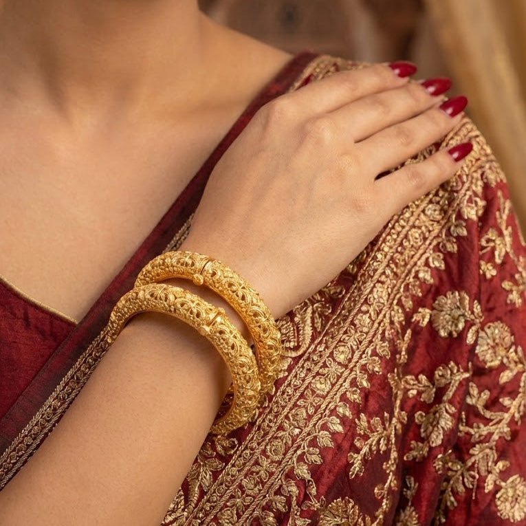Gold Plated Hand - Carved Openable Bangle Set - 2 Piece - Riwaaj