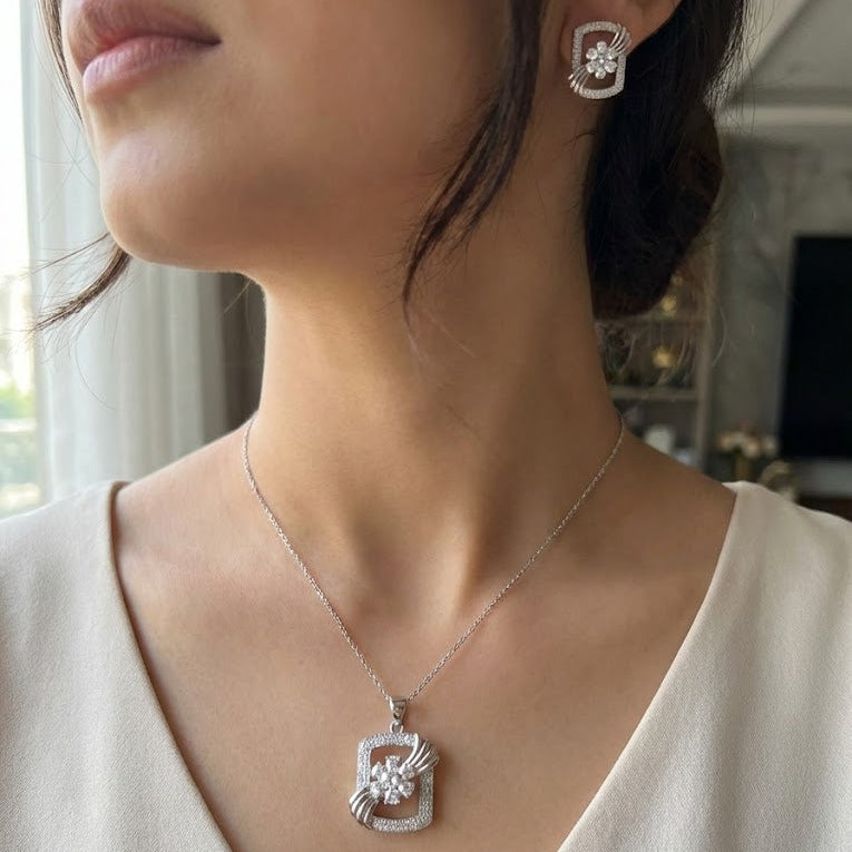 Silver Plated Floral Pendant & Earring Set with Zirconia Stones