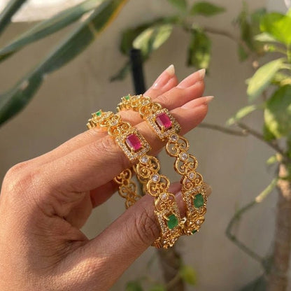 Gold Plated Filigree Bangle Set - 2 Piece with Ruby & Emerald Stones - Riwaaj