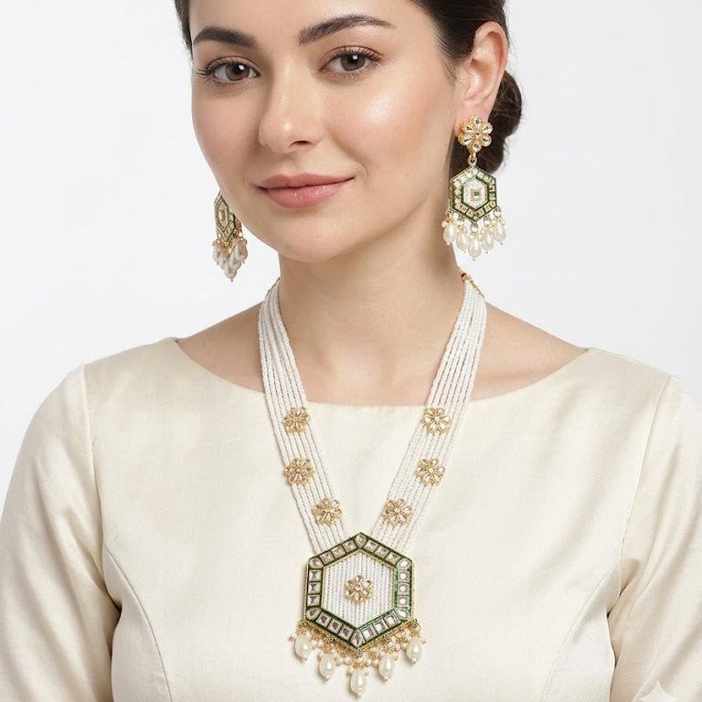 Kundan Hexagon Pearl Maala Necklace & Earring Set – 22K Gold Plated | Meenakari & Pearl Drop | South Asian Bridal Jewellery
