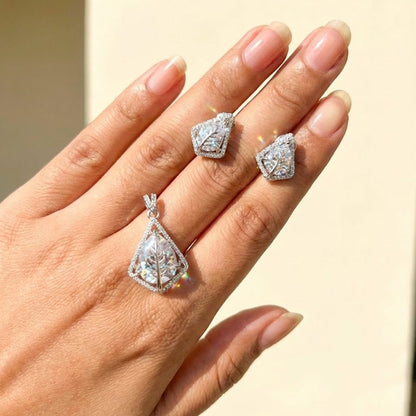 Silver Plated Leaf Teardrop Jewelry Set - Pendant & Earrings