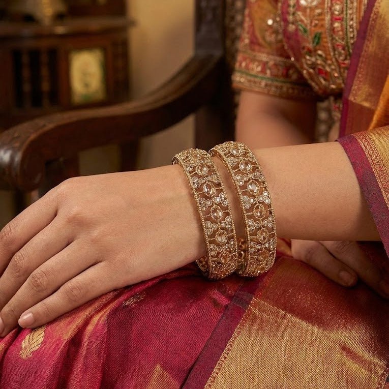 Antique Gold Lattice Bangle Set - 2 Piece Vintage Style - Riwaaj