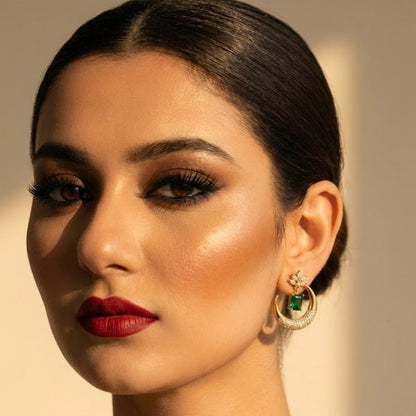 Gold Plated Crescent Lotus Drop Earrings with Zirconia Stones - Riwaaj