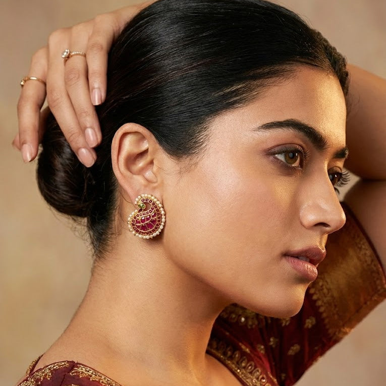 Gold Plated Paisley Drop Earrings with Ruby Pink Stones & Pearls