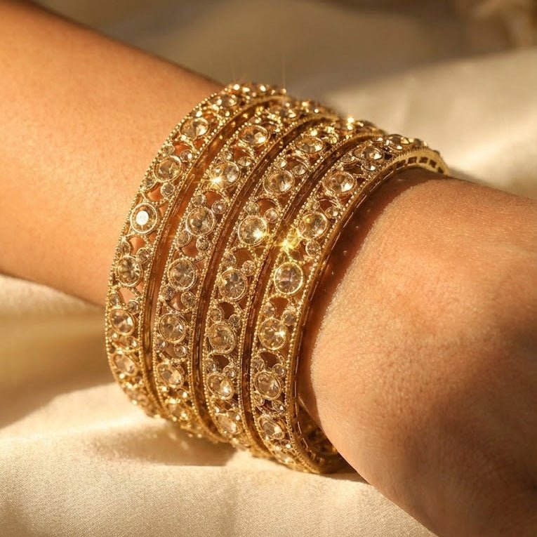 Antique Gold Plated Bangle Set - 4 Piece Vintage Style - Riwaaj