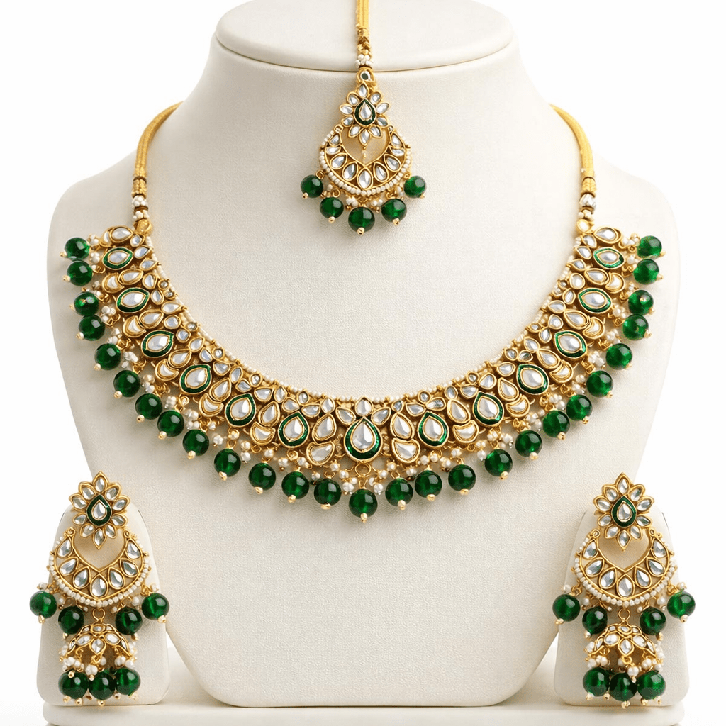 Moonlight Mirror - Work Kundan Set with Chandbali Earrings - 3 Piece Gold Plated - Riwaaj