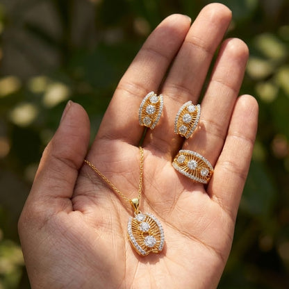 Gold & Silver Plated Sunburst Jewelry Set - Pendant, Ring & Earrings