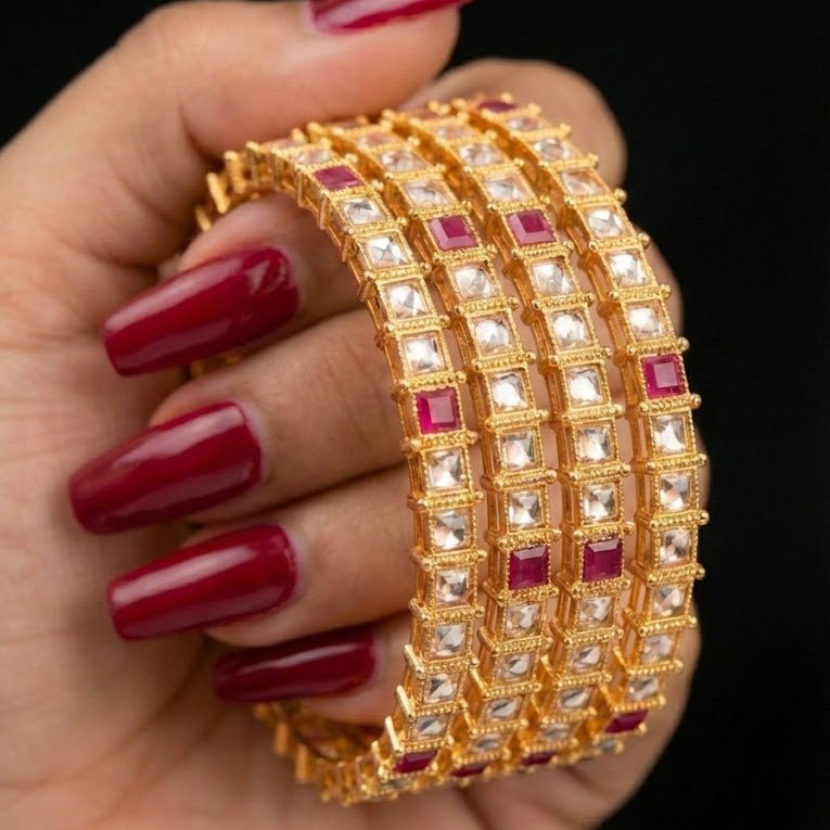 Gold Plated Square - Cut Bangle Set - 4 Piece with Ruby & Crystal Stones - Riwaaj