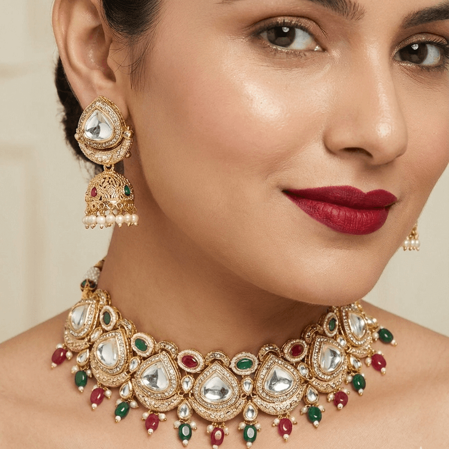 Royal Ambi Kundan Set - Choker Necklace Jhumka Earrings & Tikka - Riwaaj