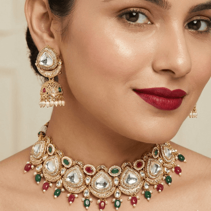 Royal Ambi Kundan Set - Choker Necklace Jhumka Earrings & Tikka - Riwaaj