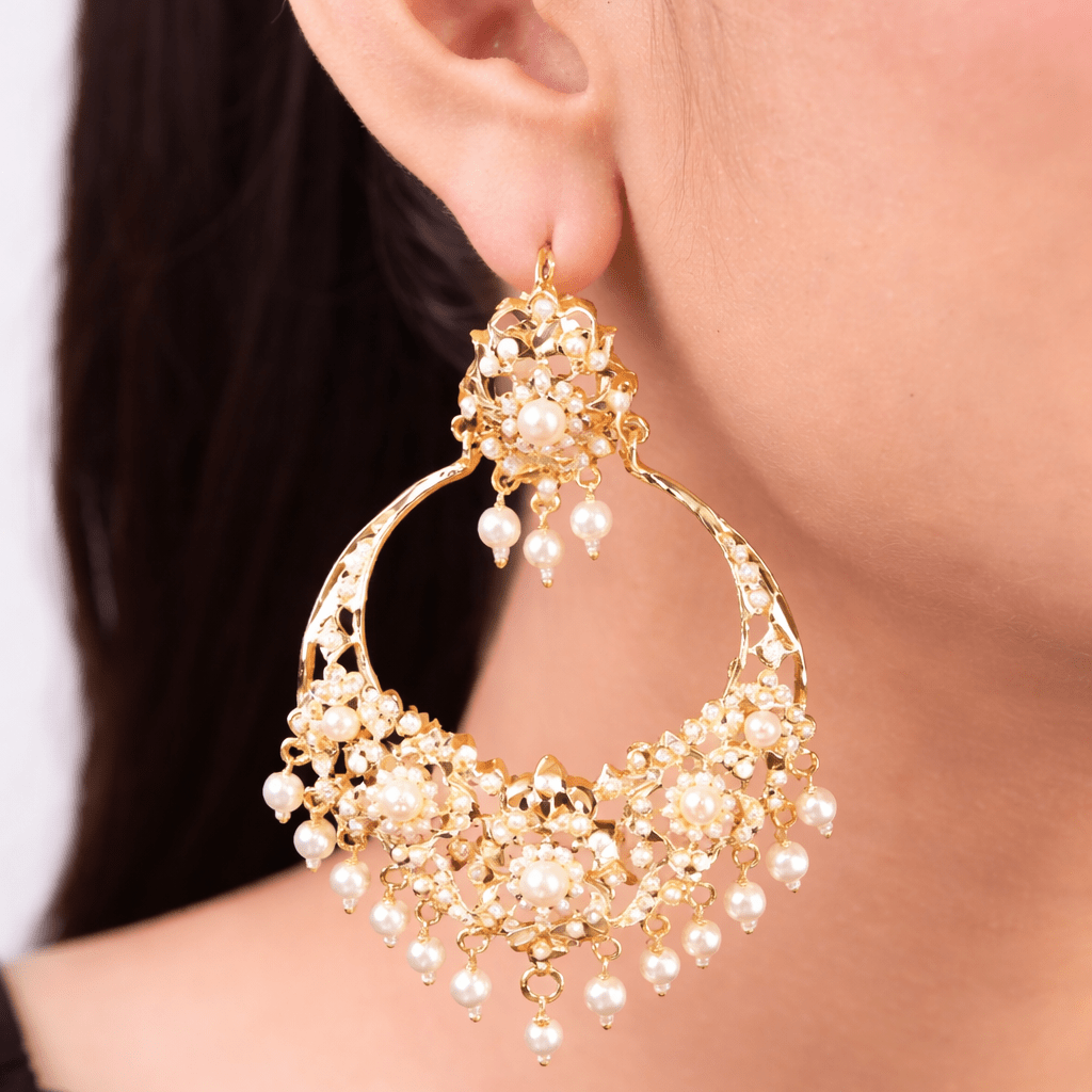 Gul - e - Rang Chandbali Earrings – 22K Gold Multicolour Kundan & Pearl Drops - Riwaaj