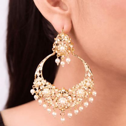 Gul - e - Rang Chandbali Earrings – 22K Gold Multicolour Kundan & Pearl Drops - Riwaaj