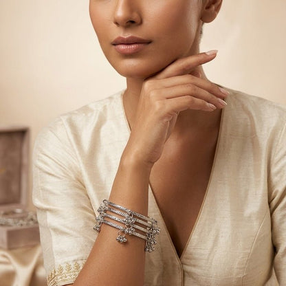 Silver Kashmiri Ghungroo Charm Bangle Set – 22K Gold Plated | Set of 4 | - Riwaaj