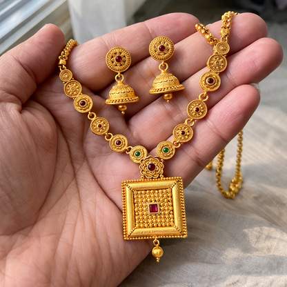 Square Pendant Necklace & Jhumki Earring Set – 22K Gold Plated | Handcrafted Stone |