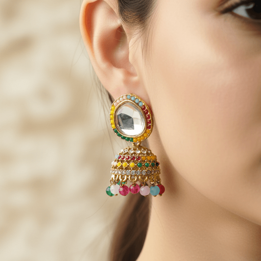 Duet Pearl & Gem Drop Earrings - 22K Gold Plated Dangle Earrings