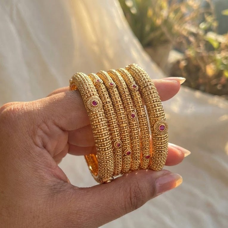 Gold Plated Bangle Set - 6 Piece with Ruby Stones & Beaded Design - Riwaaj