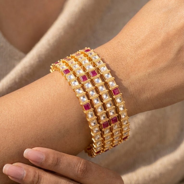 Gold Plated Square - Cut Bangle Set - 4 Piece with Ruby & Crystal Stones - Riwaaj