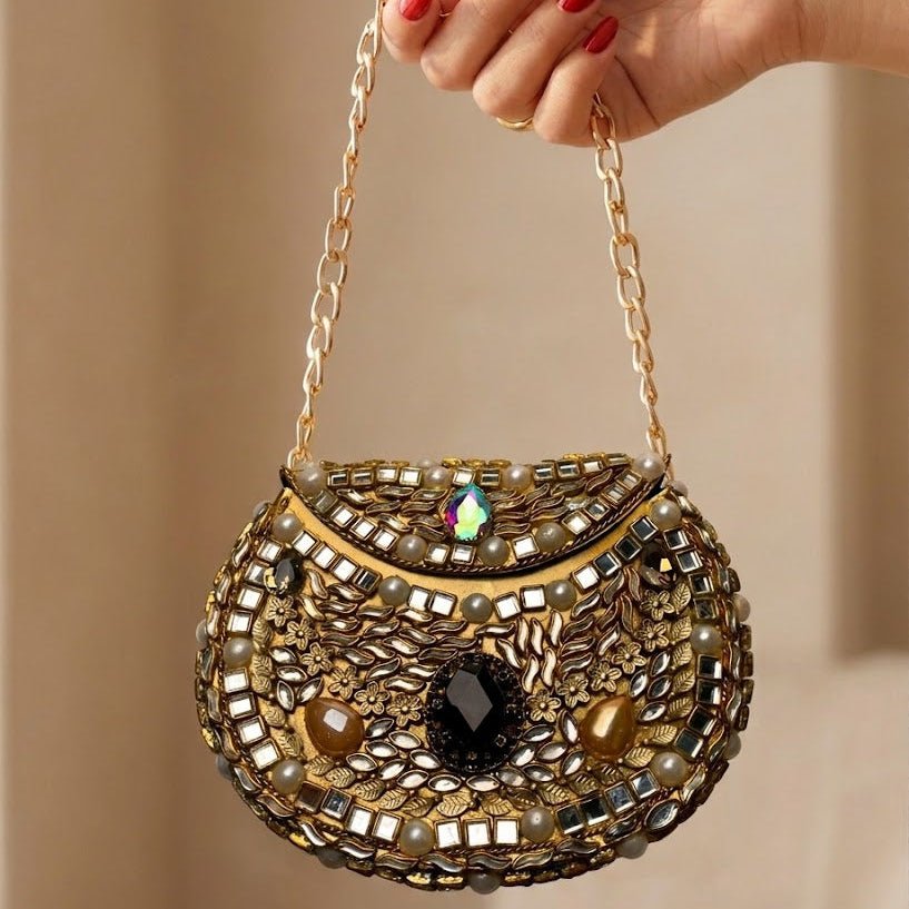 Flora Luxe Floral Clutch – Bridal Evening Bag with Chain - Riwaaj