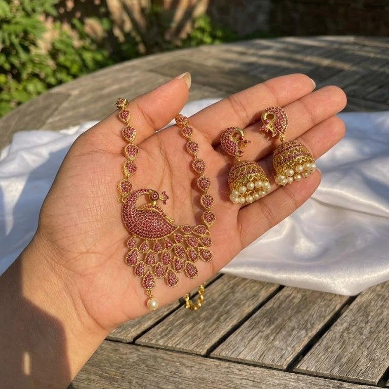 Royal Peacock Necklace Set with Jhumka Earrings - Gold Plated Heritage Jewelry - Riwaaj