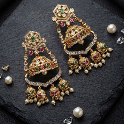 Majestic Chandbali Jhumka Earrings – Gold Kundan with Ruby & Emerald Drops