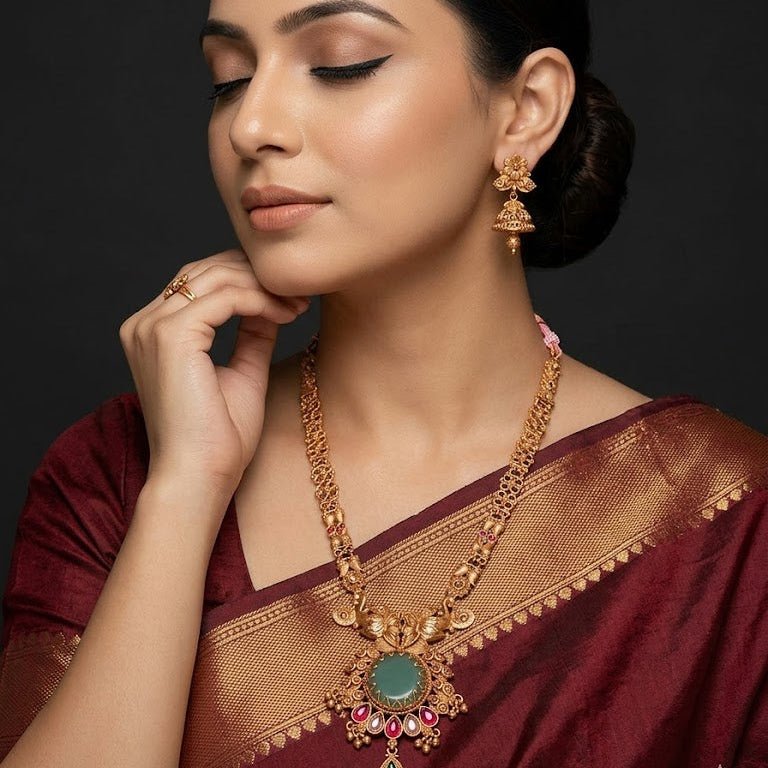 Traditional Antique Gold Temple Jewelry Set (Long Necklace & Jhumkas) - Riwaaj