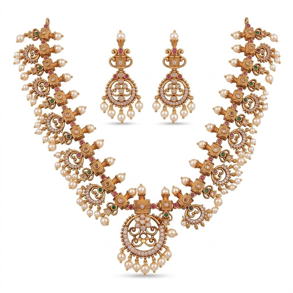 Antique Gold - Plated Pearl Necklace Set - Riwaaj