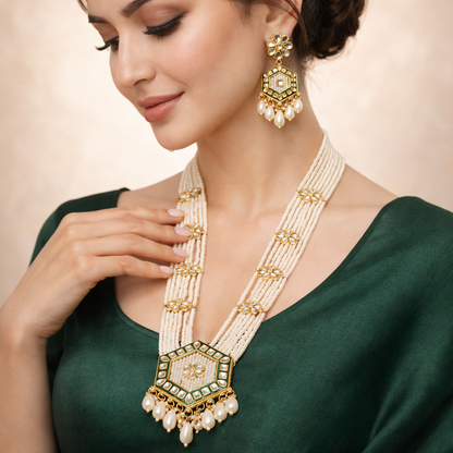 Kundan Hexagon Pearl Maala Necklace & Earring Set – 22K Gold Plated | Meenakari & Pearl Drop | South Asian Bridal Jewellery