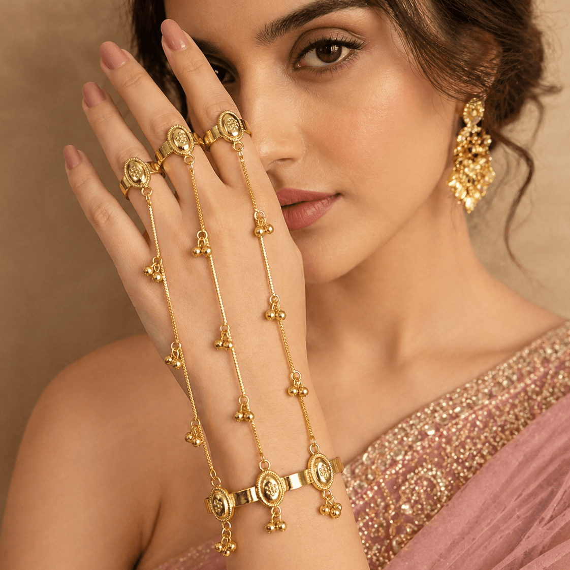 Kashmiri Style Gold Plated Hath Phool Bracelet Ring Hand Chain | Adjustable Design Haath Phool for Women (Single Piece) - Riwaaj