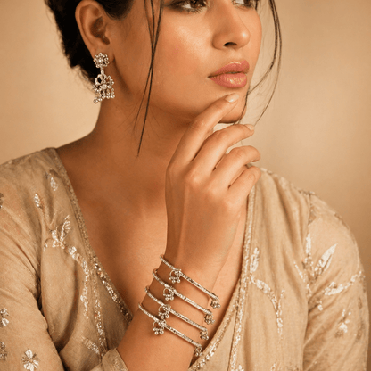 Silver Kashmiri Ghungroo Charm Bangle Set – 22K Gold Plated | Set of 4 | - Riwaaj