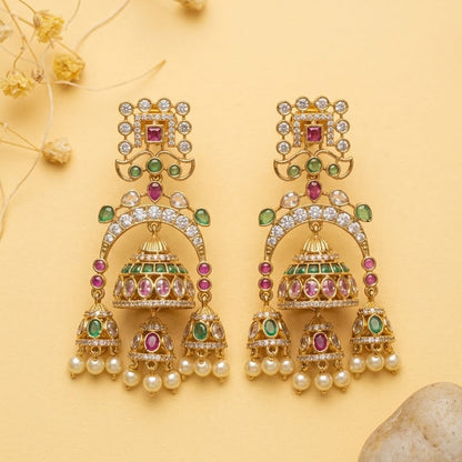 Gul-e-Noor Triple Jhumki Earrings – Gold Floral Ruby & Pearl Drops