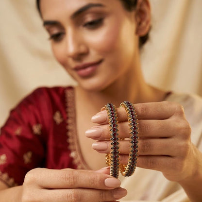 22K Gold Plated Prism Bangle Set – Handcrafted Gemstone Pair - Riwaaj