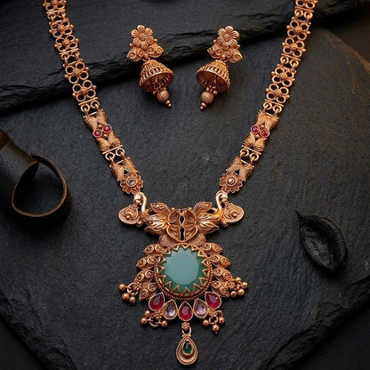 Traditional Antique Gold Temple Jewelry Set (Long Necklace & Jhumkas) - Riwaaj