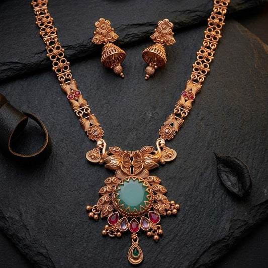 Traditional Antique Gold Temple Jewelry Set (Long Necklace & Jhumkas)
