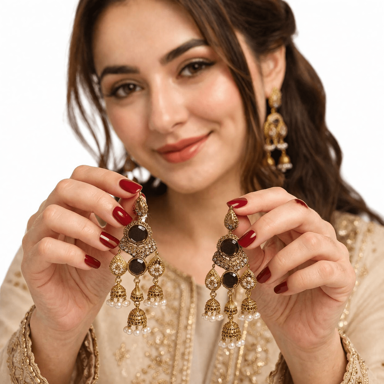 Antique Gold Jhumka Chandelier Earrings – Ruby Kundan & Pearl Drops - Riwaaj