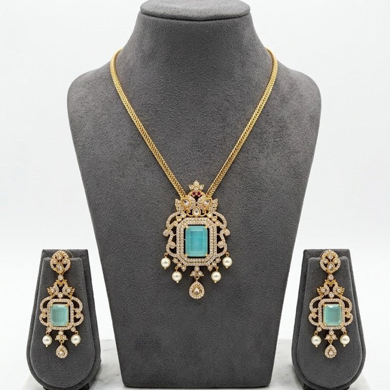 Regal Jadau Kundan Necklace Set with Rectangular Gemstones & Pearl Drops - Riwaaj