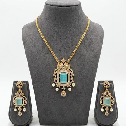 Regal Jadau Kundan Necklace Set with Rectangular Gemstones & Pearl Drops - Riwaaj
