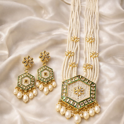 Kundan Hexagon Pearl Maala Necklace & Earring Set – 22K Gold Plated | Meenakari & Pearl Drop | South Asian Bridal Jewellery