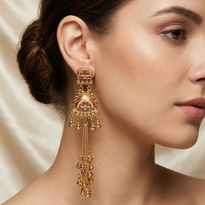 Noor Kashmiri Long Earrings – 22K Dull Gold Handmade Statement Drops