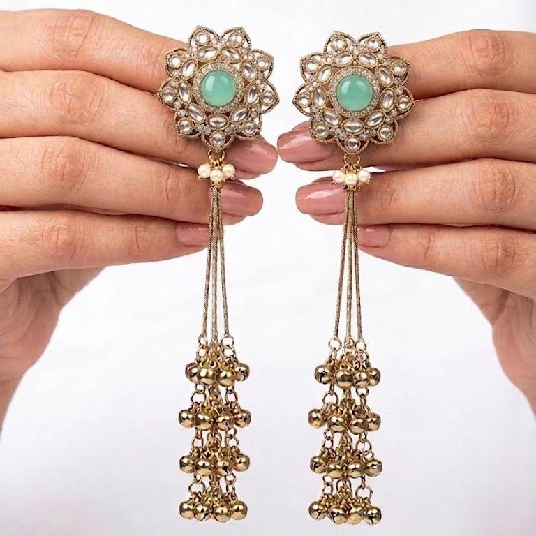 Rang Kashmiri Long Earrings – 22K Antique Gold Handmade Statement Drops - Riwaaj