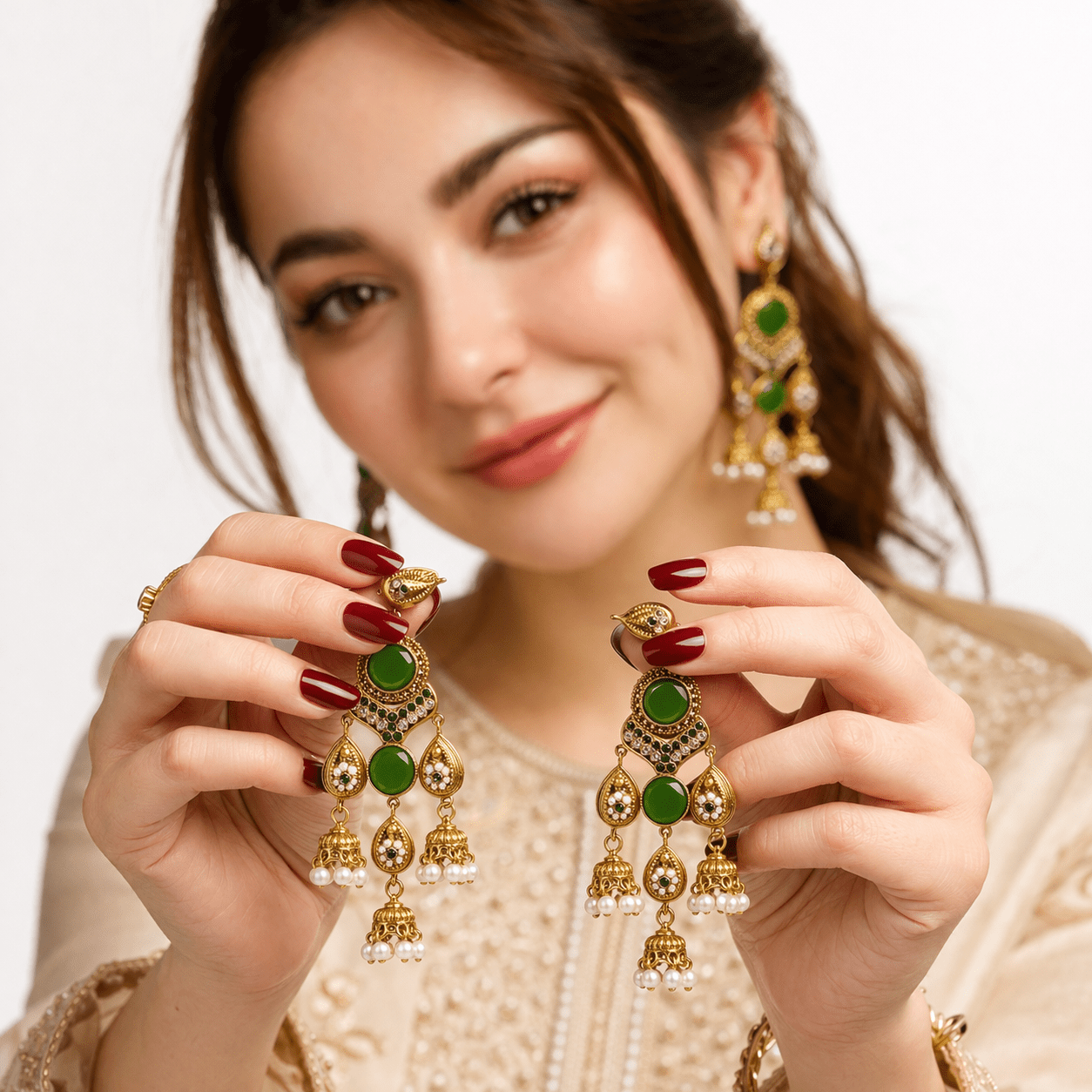 Antique Gold Jhumka Chandelier Earrings – Ruby Kundan & Pearl Drops - Riwaaj