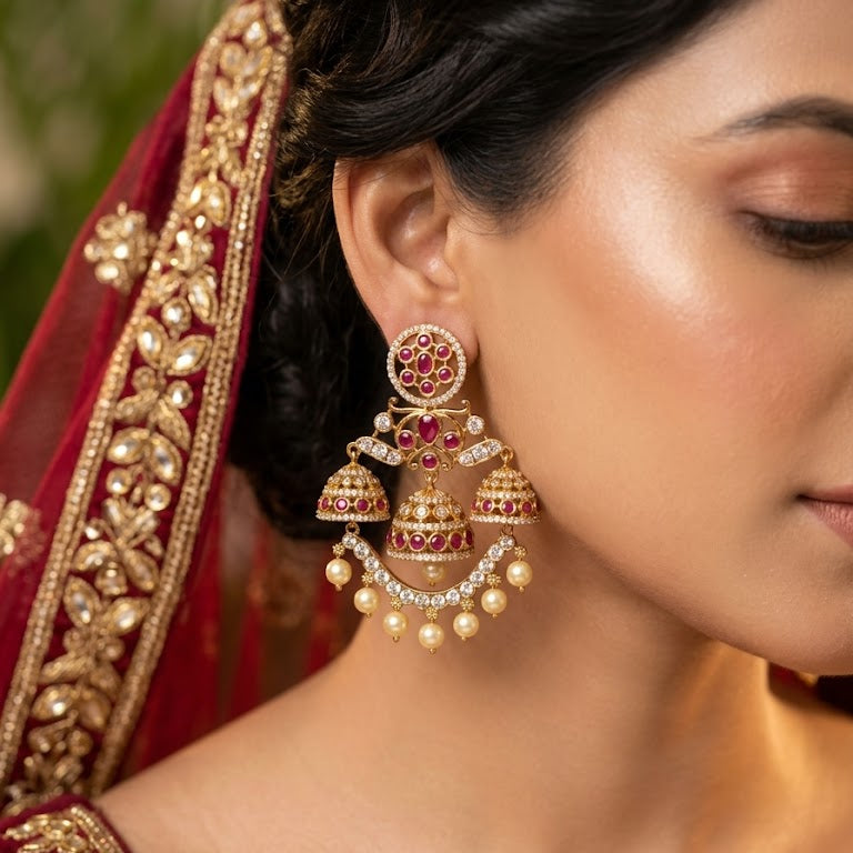 Opulent 'Heirloom' Ruby Cluster Chandelier Jhumkas
