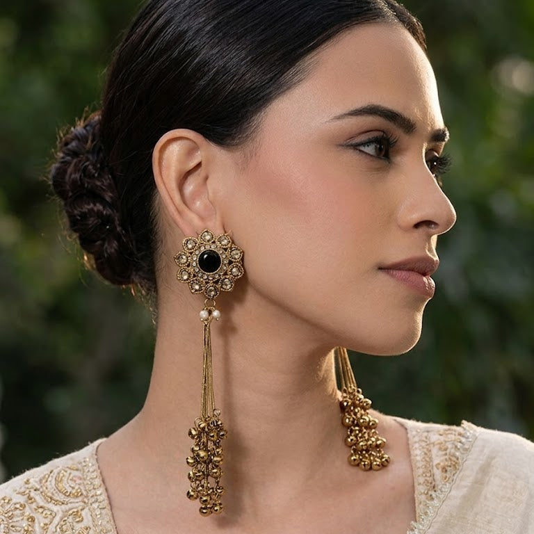 Rang Kashmiri Long Earrings – 22K Antique Gold Handmade Statement Drops