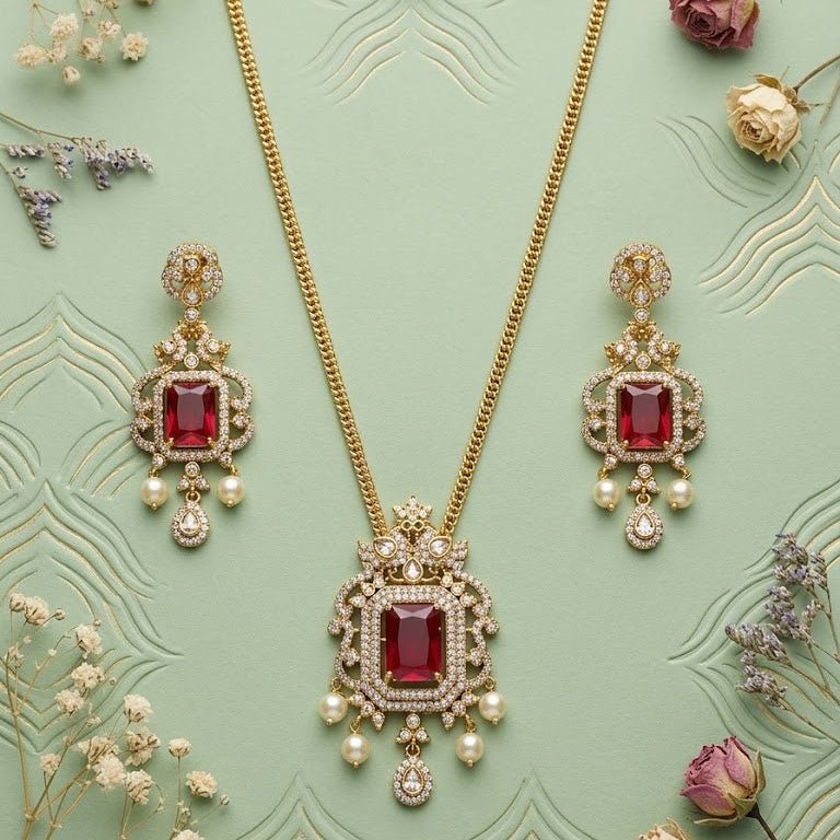 Regal Jadau Kundan Necklace Set with Rectangular Gemstones & Pearl Drops - Riwaaj