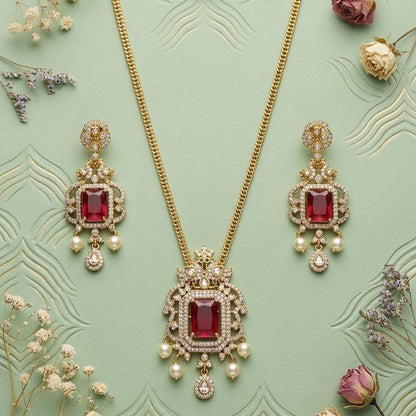 Regal Jadau Kundan Necklace Set with Rectangular Gemstones & Pearl Drops - Riwaaj