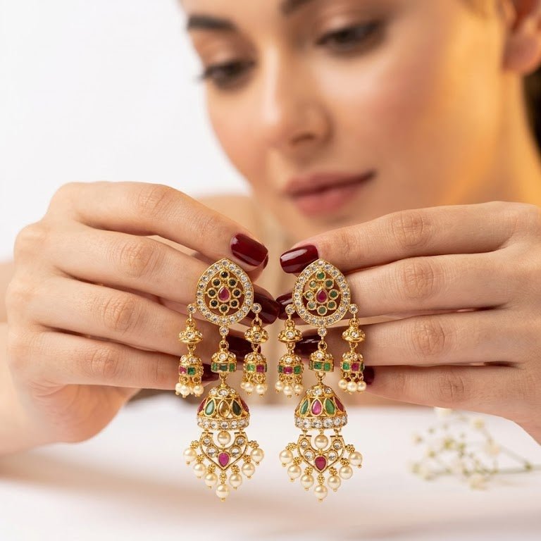 Mughal Mismatched Jhumka Earrings – Ruby, Emerald & Pearl Kundan Gold - Riwaaj