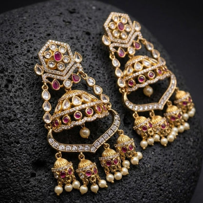 Majestic Chandbali Jhumka Earrings – Gold Kundan with Ruby & Emerald Drops