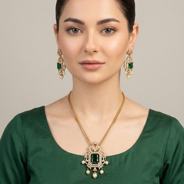 Regal Jadau Kundan Necklace Set with Rectangular Gemstones & Pearl Drops - Riwaaj