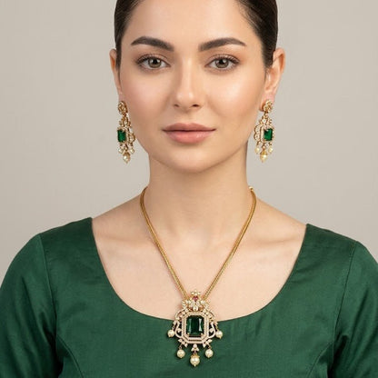 Regal Jadau Kundan Necklace Set with Rectangular Gemstones & Pearl Drops - Riwaaj