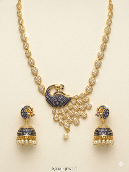 Royal Peacock Necklace Set with Jhumka Earrings - Gold Plated Heritage Jewelry - Riwaaj