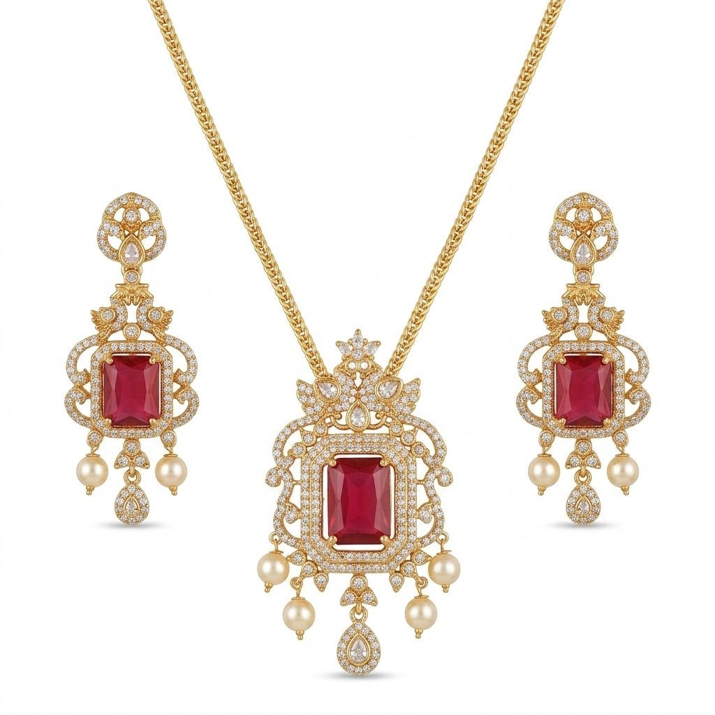 Regal Jadau Kundan Necklace Set with Rectangular Gemstones & Pearl Drops - Riwaaj